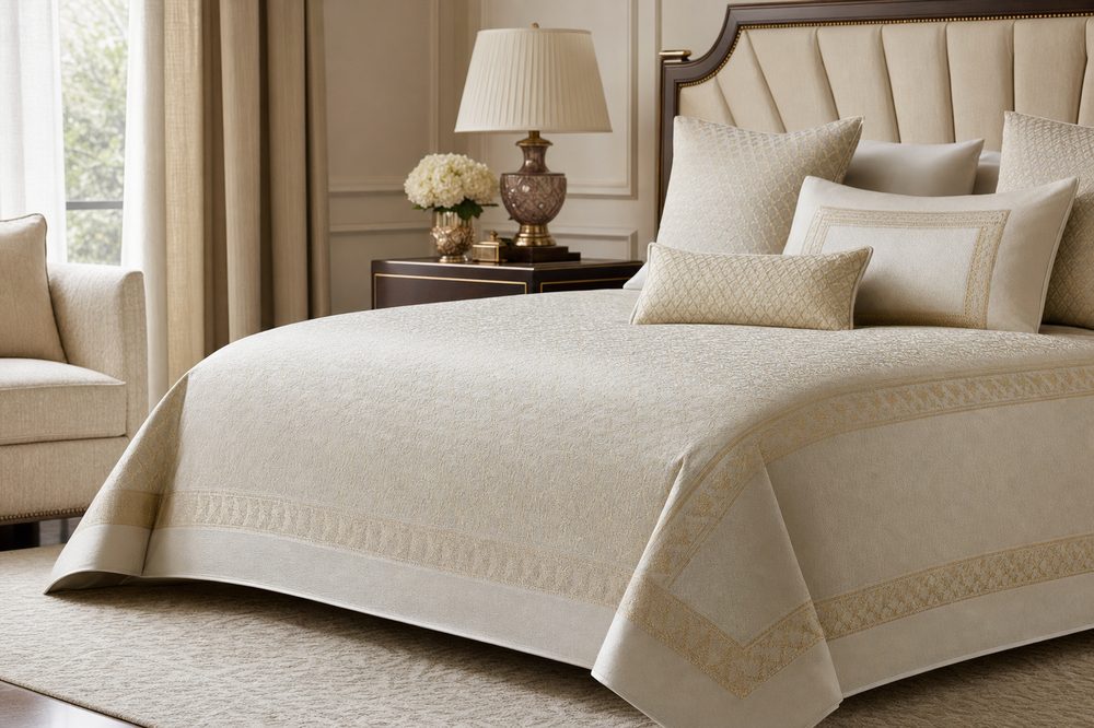 Folded ivory and gold jacquard bedspreads