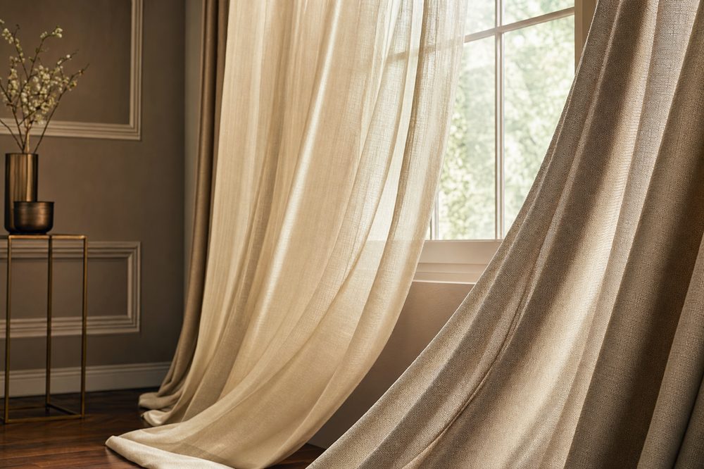 Sheer curtain fabric hanging by a window