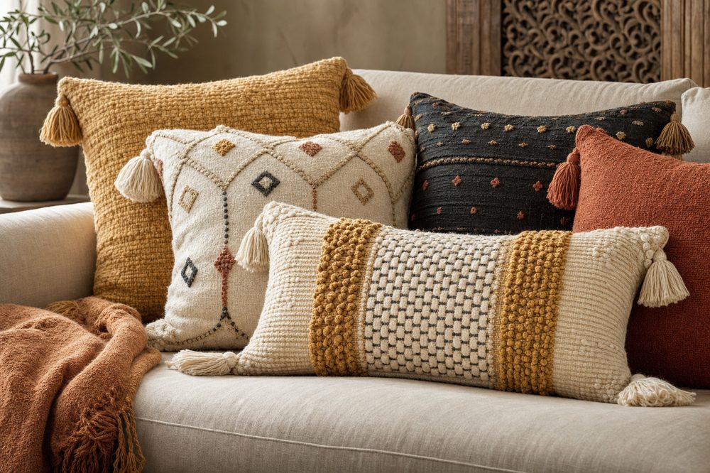 Coordinated woven and embroidered cushion covers