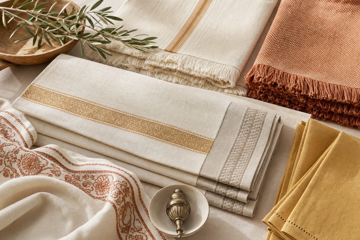 Table linen and throws in ivory and terracotta tones