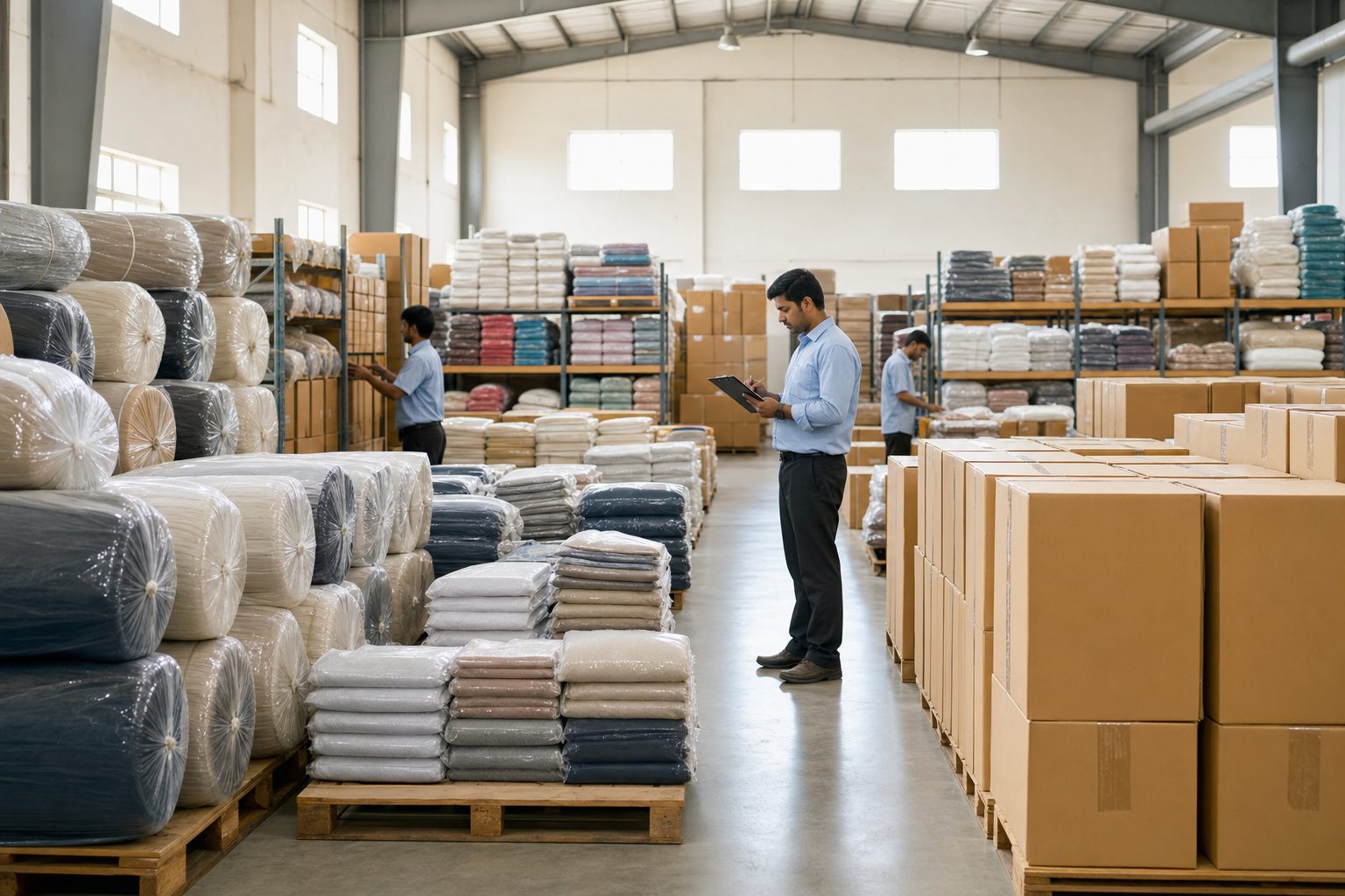 Warehouse staff checking packed textile shipments before export