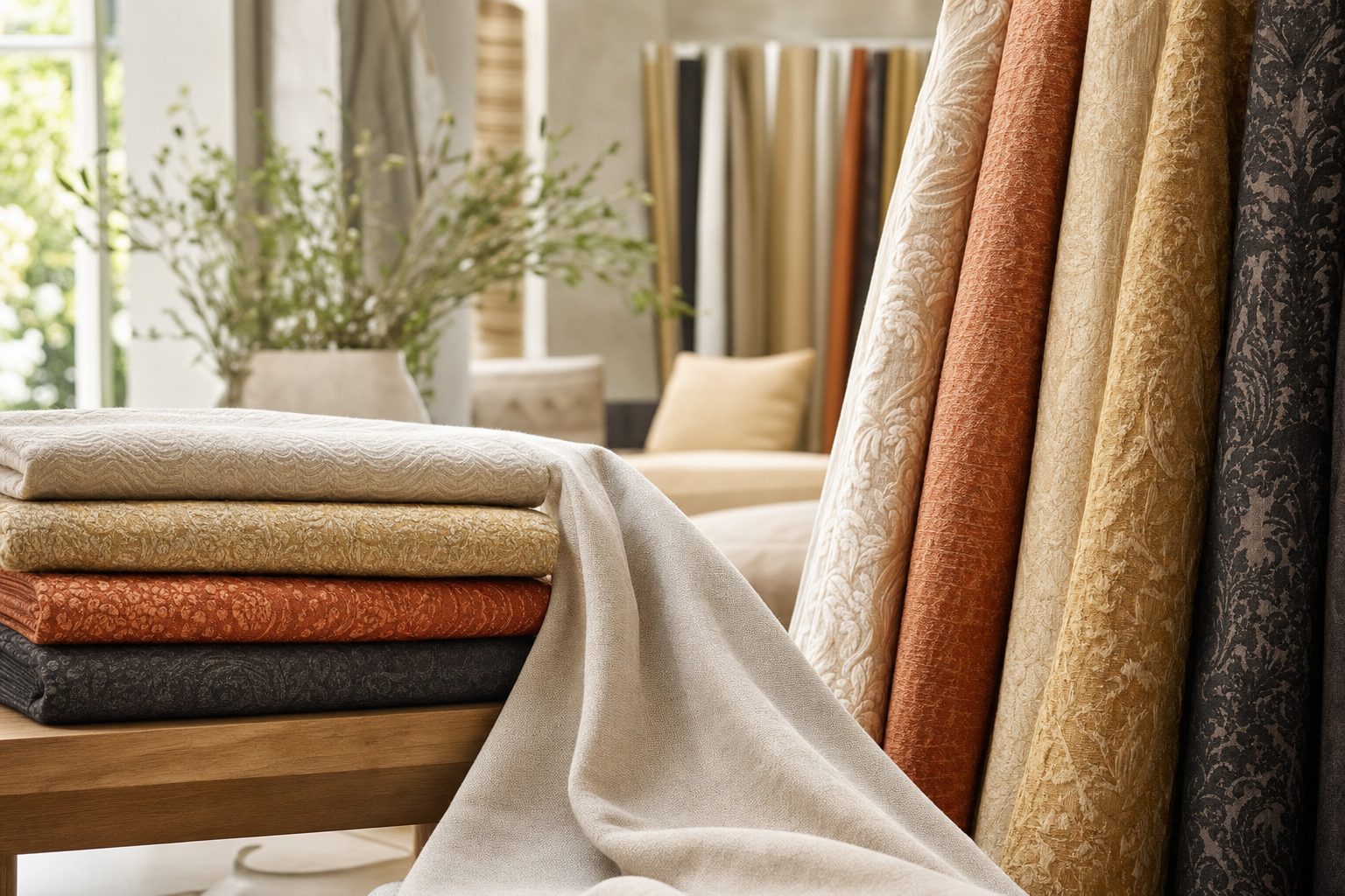 Folded bedspreads and hanging curtain fabrics in ivory, gold and terracotta tones